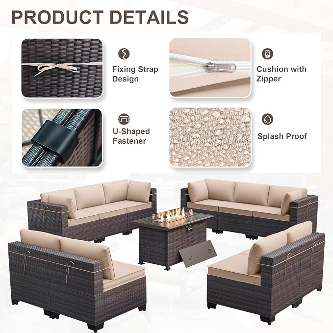 Kurapika 11 Pieces Patio Furniture Set, Rattan Wicker Outdoor Conversation Sets w/43in Propane Fire Pit Table and 4 Inch Cushion(Sand)
