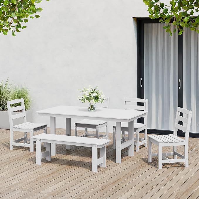 Costaelm Palms 6-Piece Outdoor HDPE Patio Dining Table Set with Bench, White