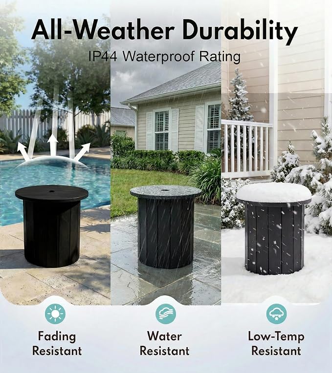 PASAMIC 2-in-1 Patio Table Umbrella & Outdoor Side Table, Large Round Small Outdoor Table with Umbrella Hole, Fits 1.5-1.9in Pole, 5Gal Water Bag Base, HDPE for Poolside, Deck, Garden Use, Black