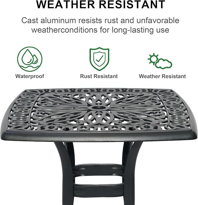 Cast Aluminum Bistro Table, Small Outdoor End Table, Rustproof Weather Resistant Patio Coffee Table, 21Inch Side Table for Indoor Garden Porch Balcony Backyard,Black