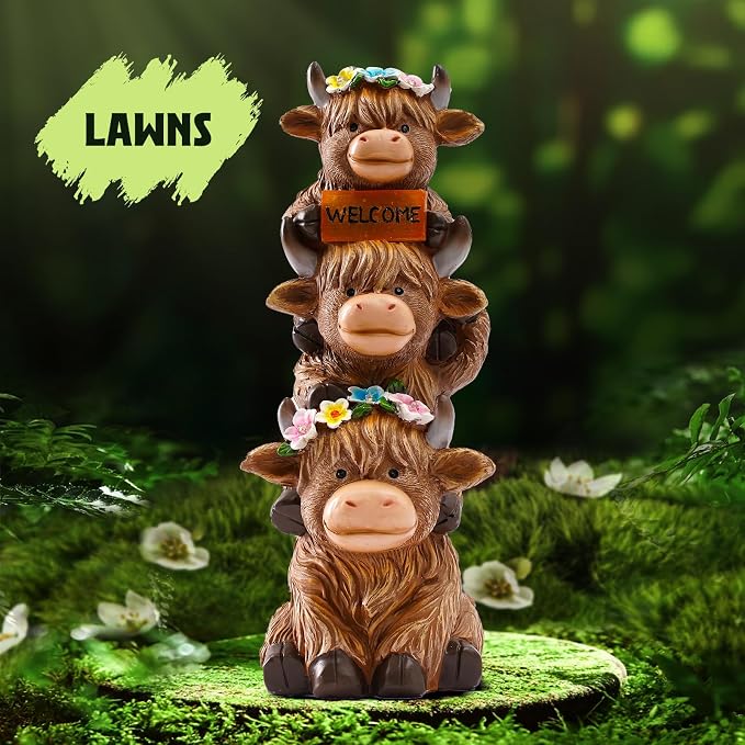 twinbling Garden Highland Cow Statue Solar Outdoor Decor | Flower Decoration Funny Triple Highland Cow Decor Birthday Gifts for Women Mom Figurine for Yard Garden Patio Lawn Ornaments