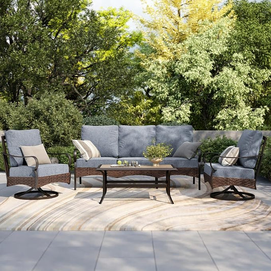 PHI VILLA Patio Furniture Set, Upgraded Wicker & Metal Outdoor Conversation Sets with 5.5" Thick Cushions and Coffee Table for Porch, Poolside, Yard (4 Pieces, Grey Cushion)