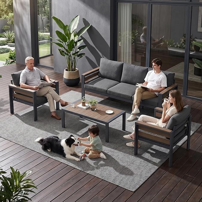 SUNYRISY Aluminum Outdoor Patio Furniture Set with Coffee Table, 4 Piece Outdoor Conversation Sets with Thick Cushions, Oversized Sectional Sofa Couch Set for Porch, Deck, Yard, Pool