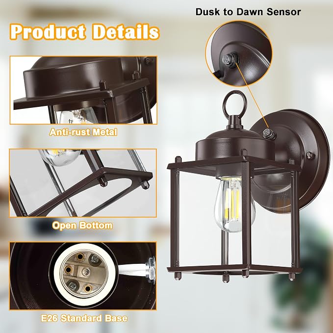Outdoor Wall Light, Porch Lamp, Dusk to Dawn, Bronze | Exterior Wall Sconce Fixture for House, Garage, Patio, Rustproof Waterproof, Metal Housing with Glass, E26 Base, 4 Pack