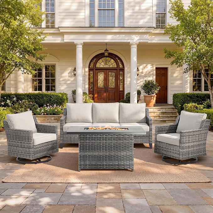 Belord Patio Furniture Set with Swivel Chair and 42.5" Fire Pit Table Sofa, Outdoor Furniture Set for Deck Porch Garden, 4 Piece Conversation Set,Beige