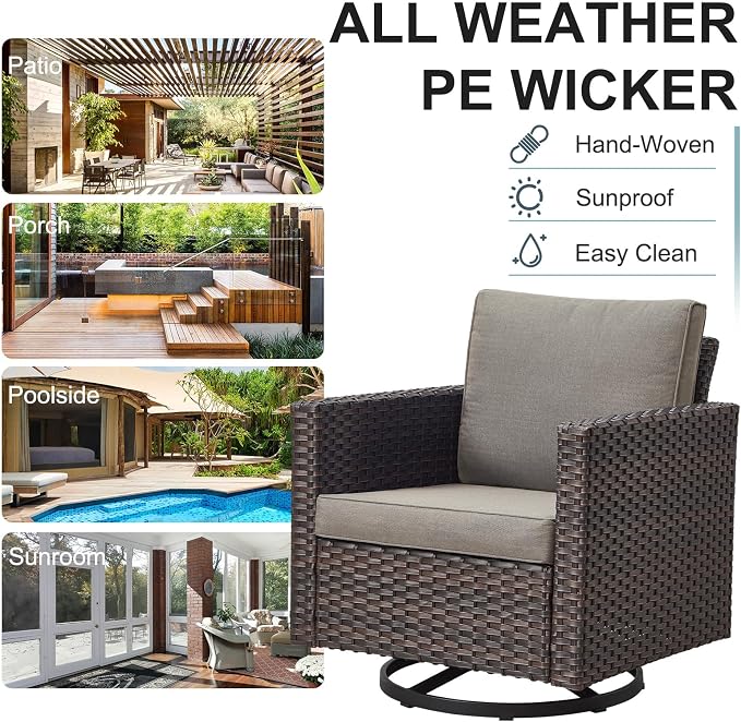 Belord Outdoor Bistro Set 3 Piece Wicker Swivel Rocker Patio Chairs, Oversize Outdoor Rattan Seating Set, Patio Swivel Glider Chairs Wicker Furniture with Metal Side Table for Porch Backyard, Brown