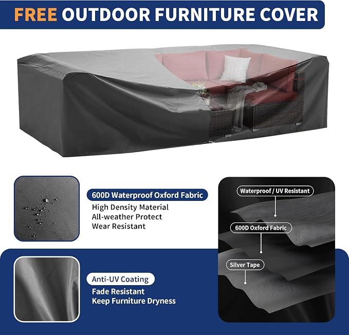 Patio Furniture Set, Modular 10-Piece Patio Conversation Sets with Coffee Table, All-Weather Wicker Outdoor Sectional for Backyard and Balcony, Wine (Waterproof Covers Included)