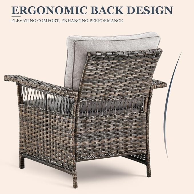 Brown Wicker Patio Set - 5pcs Conversation Set with 2 Chairs, 2 Ottomans, 1 Side Table & Beige Cushions for Garden, Balcony or Backyard
