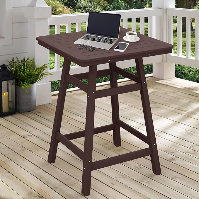 Costaelm Outdoor Bar Table, 37" Counter Height Square Patio Cocktail Bar Table with Umbrella Hole, Patio Bistro Dining Pub Table for Front Porch Deck Backyard Garden, Dark Brown