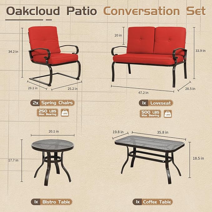 Oakcloud 5Pcs Metal Outdoor Furniture Patio Conversation Set (Loveseat, Coffee Table and Bistro Table, 2 Spring Chair) -Wrought Iron Patio Chair Set with Cushions (Red)