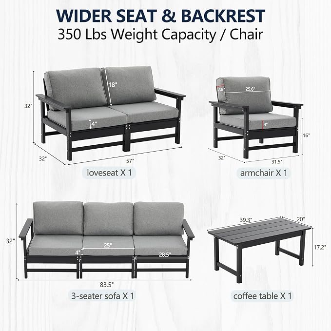 Outdoor Patio Furniture Set, Modular HDPE Conversation Set with 3-Seater Sofa, Loveseat, Armchairs & Large Coffee Table, All-Weather Patio Seating with Cushions
