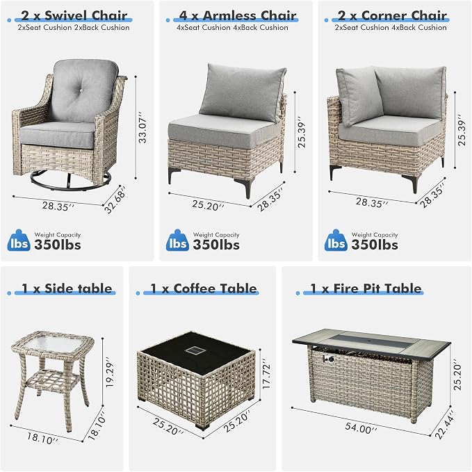 HOOOWOOO Outdoor Patio Furniture Set with Fire Pit Table,11 Pieces Wicker Out Door Sectional Furniture L Shaped Couch,Outside Patio Conversation Swivel Chair Sets,Charcoal Gray