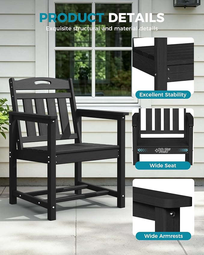 Ciokea HDPE Outdoor Patio Dining Chairs Set of 2, All-Weather Porch Chair with Wide Seat, Durable Outdoor Furniture for Backyard, Garden, Lawn & Poolside, Black