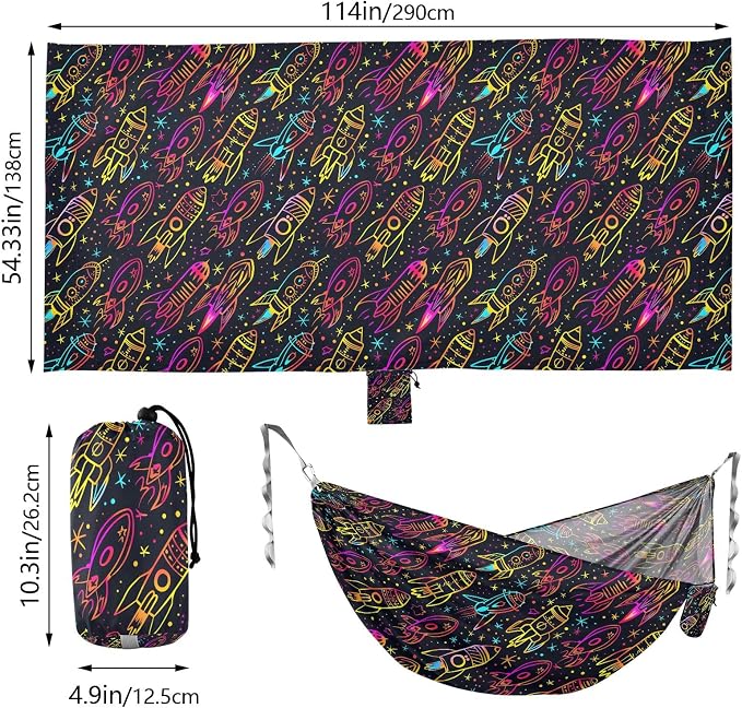 Camping Hammock Outdoor Hammocks for Outside Neon Rocket Doodle Beach Trees Portable Lightweight with Pockets Tree Straps Indoor