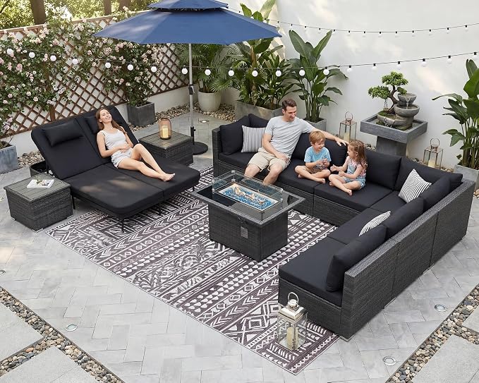 NICESOUL 11 Piece Patio Furniture with Fire Pit Natural Gas/Propane, 29.3'' High Back Outdoor Sectional with Firepit Table & Chaise Lounge, Deep Large Seating Sofa Couch, 2 Color Cushion Black & Gray