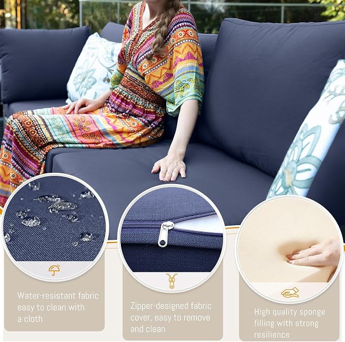 BULEXYARD 15 Piece Highback Wicker Patio Furniture Sets with Firepit, All-Weather Heavy Duty Outdoor Conversation Set Modular, Extra Deep Wide 14-Seats Sectional Couch Sofa for Backyard, Brown & Blue
