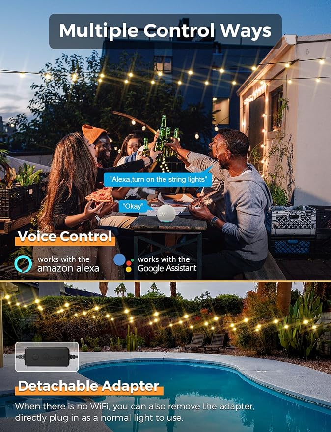 XMCOSY+ Patio Lights, Smart 50Ft Outdoor String Lights with 25 G40 Bulbs | Dimmable LED globe bulbs, APP control, works with Alexa, IP65 waterproof, connectable design for outdoor patio decor