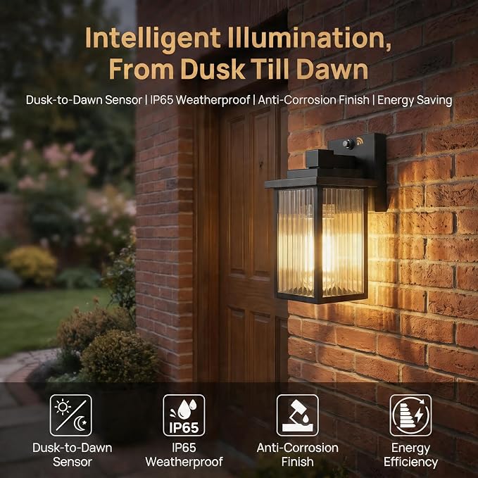 2 Pack Black Dusk to Dawn Outdoor Wall Light, All-Metal Frame | Auto On/Off, Rust-Resistant,Tempered Glass, Easy DIY Install on Porch, Garage