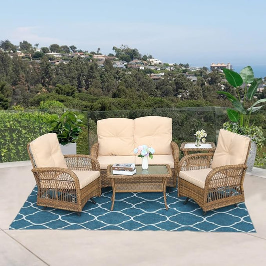 VIVIJASON 5-Piece Outdoor Patio Wicker Conversation Sets, All Weather Outdoor Rattan Furniture Set Includes Glider Loveseat, 2 Coffee Table, 2 Glider Rocker Chairs with Cushions, Light Brown