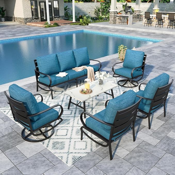 Sophia & William Patio Furniture Sets for 7 Outdoor Conversation Set 6 Pcs with 4 x Armrest Cushioned Sofa Chairs, 1 x 3-Seat Sofa, 1 Marbling Metal Coffee Table Garden Backyard Poolside Peacock Blue