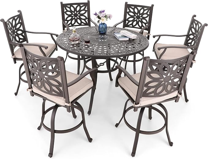MFSTUDIO Cast Aluminum 54" Outdoor Bar Height Table, Round Patio Dining Table, Metal Patio Bistro Table with Umbrella Hole, Retro Design Outdoor Dining Table for 4-6