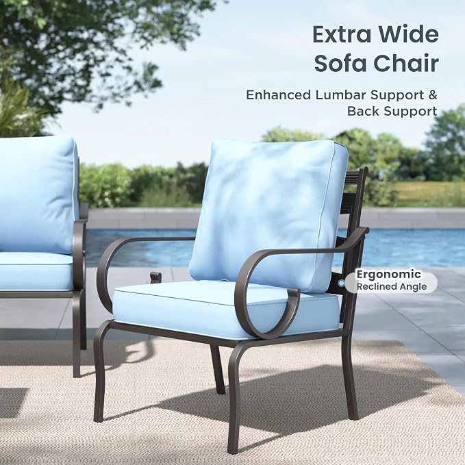 PHI VILLA Patio Furniture Set, 3-Seater Sofa, 2 Fixed Chairs and a Coffee Table, Outdoor Metal Conversation Set with 5.75" Extra Thick Cushion for Garden Backyard Deck, Blue