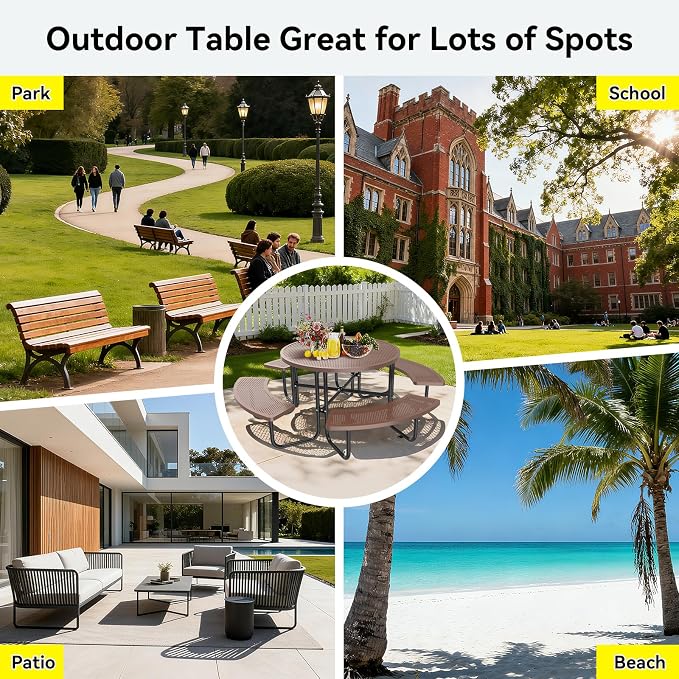 46'' Round Metal Picnic Table with 1.78" Umbrella Hole, Heavy-Duty Stainless Steel Mesh Top Outdoor Table, Rust Resistant Weatherproof Patio Dining Table, For Backyard, Garden & Picnic, Coffee