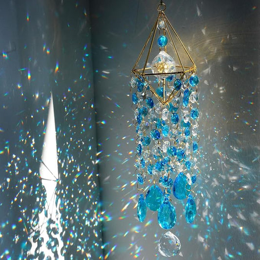 21.5'' Crystal Prisms Suncatchers for Window Hanging Rainbow Sun Catcher | Gold-Plated,Blue Dreams,Crystal Wind Chime,Sun Catcher With Crystals,Indoor Outdoor Decoration,Whimsical Decor,Gift For Women