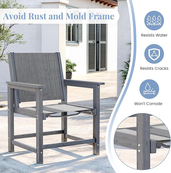 5 Piece HDPE Outdoor Furniture Patio Dining Set, All-Weather Table and Chair Sets with Umbrella Hole Outdoor Dining Table Sets of 4 Textilene Fabric Patio Chairs for Backyard,Poolside,Garden,Deck