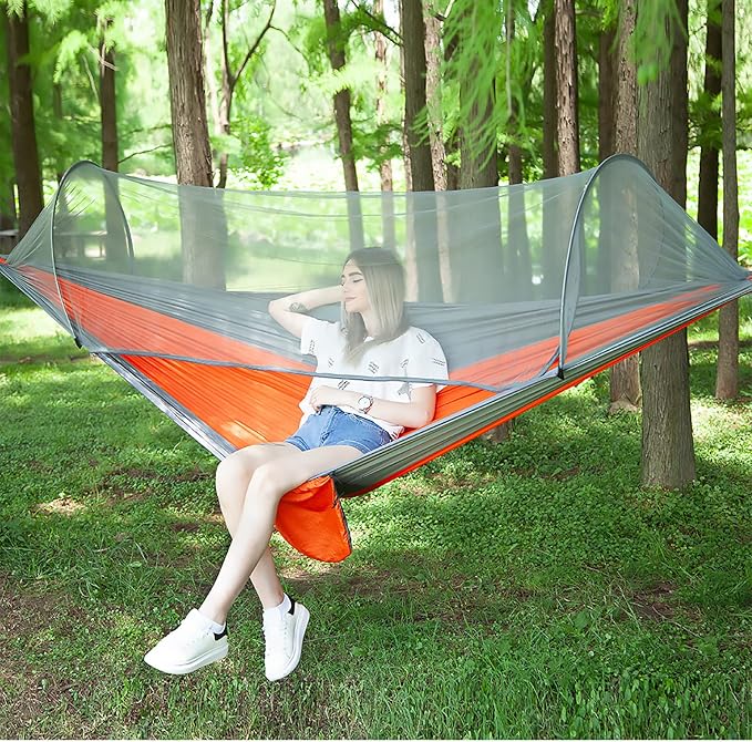 LFL Portable Camping Hammock with Mosquito Net, 1-2 Person Outdoor Swing Hammock, Nylon Parachute Material, Quick Opening Hammock with Net, Hiking Travel Courtyard (Orange)