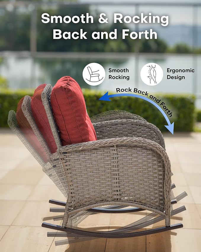 Outdoor Rocking Chairs Set of 2-Patio Table and Chairs Set Outdoor Conversation Furniture Sets for Deck Porch Garden Balcony Poolside-Grey/Red