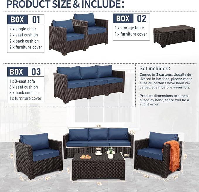 Rattan Star 4 Piece Patio Furniture Set 45In Fire Pit Table Outdoor Furniture Sets Patio Couch Outdoor Chairs 50000 BTU Propane Fire Pit with No-Slip Cushions and Waterproof Covers, Navy Blue