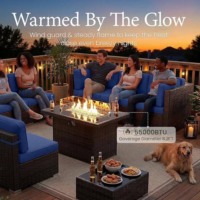 LayinSun 8 Pieces Outdoor Patio Furniture Set with 44" Fire Pit Table Brown Rattan Sectional Sofa Conversation Sets
