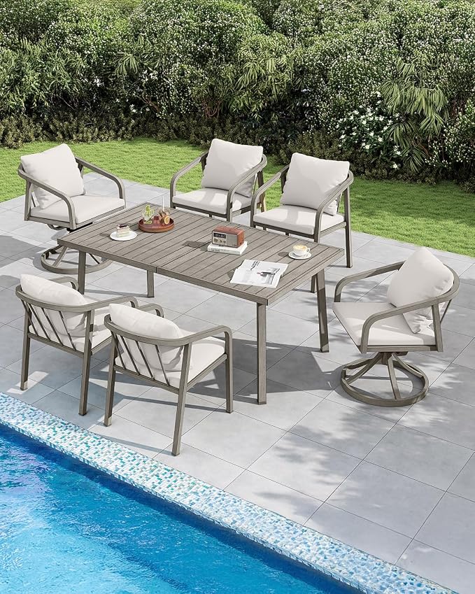 7 Pieces Outdoor Dining Set, Never-Rust Aluminum Patio Dining Set for 6, Outdoor Dining Table Set with 2 Swivel Chairs, 4 Dining Chairs, Patio Furniture Set for Porch, Garden, Gray Oak