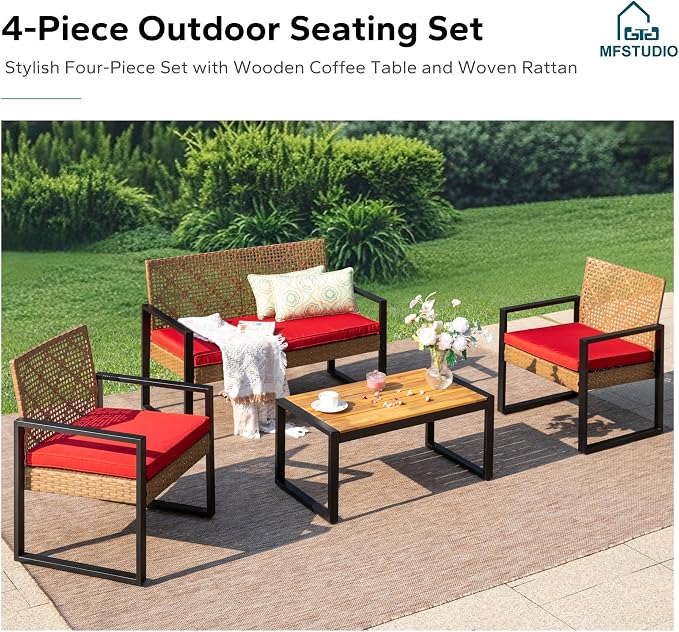 MFSTUDIO 4 Pieces Outdoor Patio Furniture Set, Outdoor Rattan Loveseat Furniture with Wood Table, Loveseat & Chairs, Small Patio Sectional Sofa Set for 4, Red