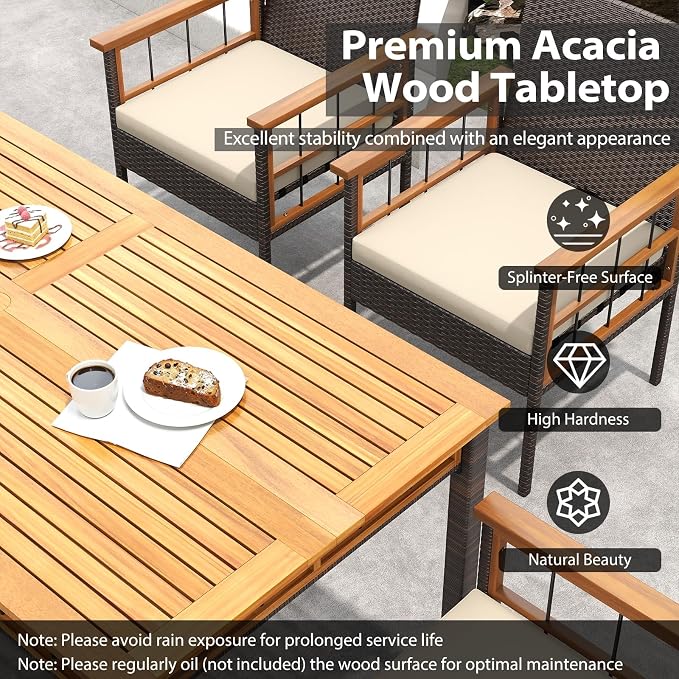 HAPPYGRILL Acacia Wood Outdoor Dining Table 63", 4-6 Person Rectangular Metal Patio Table with Umbrella Hole and Rattan Legs, Slatted Outdoor Furniture for Garden, Poolside, Backyard and Deck