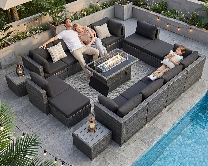 NICESOUL 15 Piece Patio Set with Fire Pit Table, Luxury Large Size Outdoor Furniture with Firepit, 29.3" Highback Deep Seating 500 lbs Heavy Duty for Backyard, Deck, Dark Grey