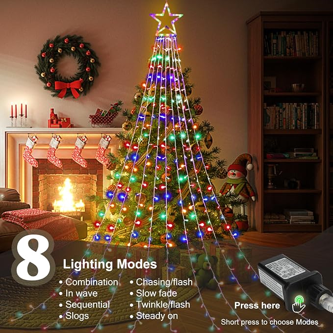 (New) Christmas Lights, Outdoor Christmas Decorations, 320 LED Waterfall String Lights, 8 Light Modes Chrsitmas Lights with 12" Star Tree Topper for Yard, Party, New Year (Multicolor)