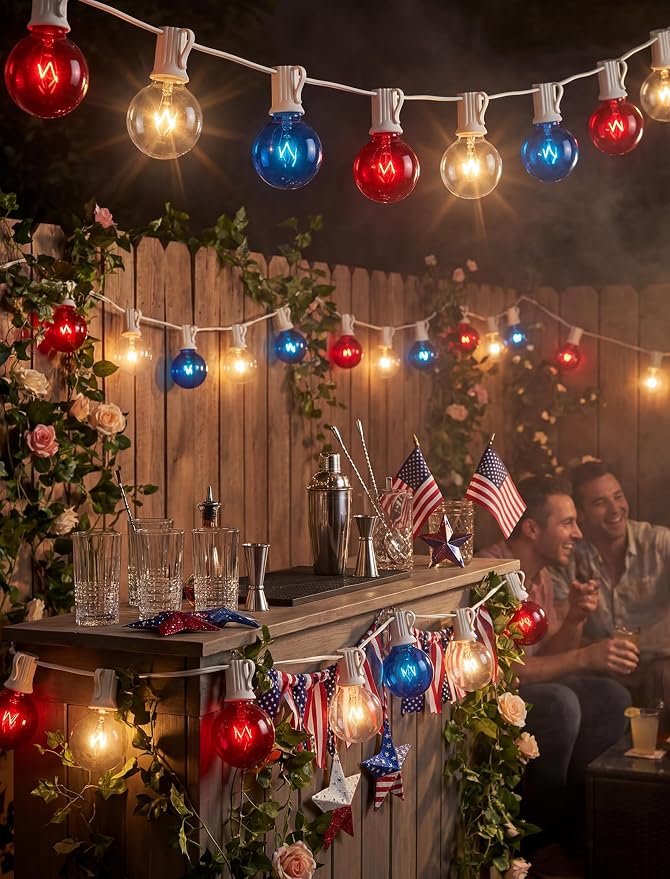 4th of July Decorations String Lights, 25Ft Outdoor Patio String Lights with 27 G40 Red White and Blue Light Bulbs(2 Spare), Independence Day Lights for Patriotic Party Garden Festival Decor- White