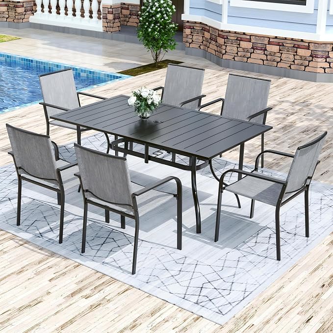 Anmutig 7-Piece Outdoor Dining Set, Powder Coated Steel Table with 6 Stackable Chairs and Rectangular Table, Grey Fabric