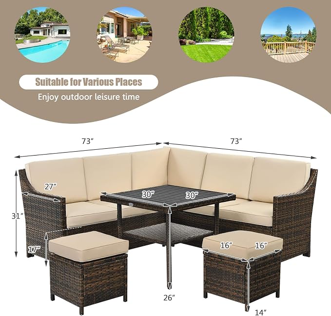 Tangkula Wicker Outdoor Dining Set, 6 Piece PE Rattan Wicker Sectional Corner Sofa Set with Dining Table, 2 Ottomans, Suitable for Garden, Patio, Poolside, Lawn and Balcony, Patio Furniture Set