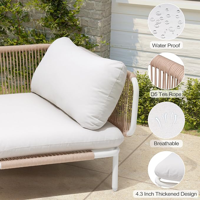 6-Piece Patio Furniture Set, Oversized Outdoor Sectional Sofa with Thick Cushions, Weather-Resistant Metal Frame Conversation Set for Backyard, Garden, Poolside - Beige Cushion