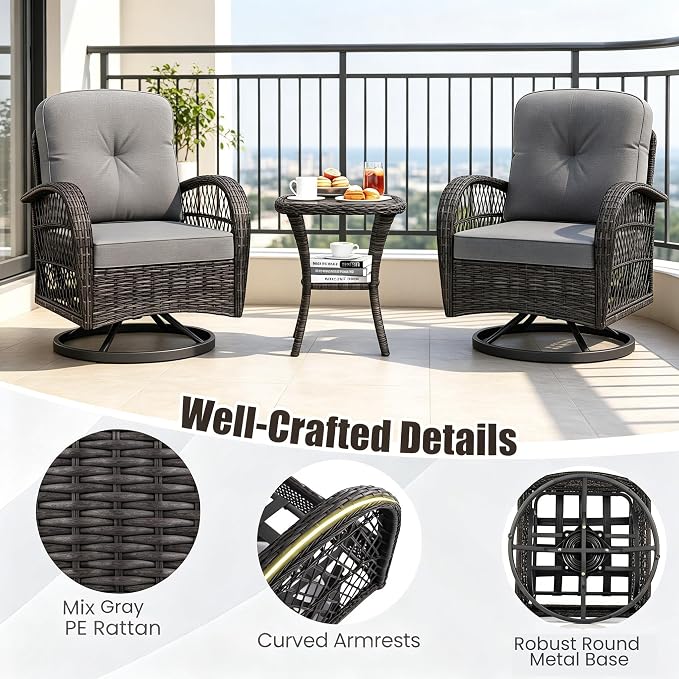 ORALNER 3 Pieces Wicker 360° Swivel Rocker Set Patio Furniture, Rocking Chairs with Cushions, Tempered Glass Coffee Table, Outdoor Rattan Bistro Set for Balcony Front Porch Deck Poolside (Gray)