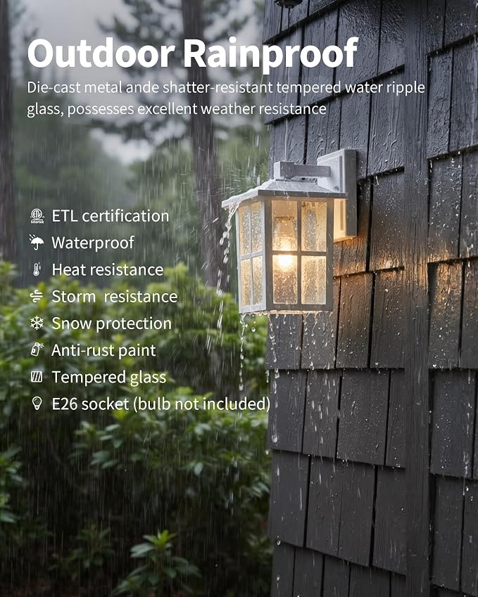 KDG White Outdoor Waterproof Modern Patio Wall Light Fixtures Set of 2 | E26 Socket Exterior Lanterns & Sconce with Tempered Glass, Wall Mounted Lamps for Home, Front Door, Garden, Garage, Porch