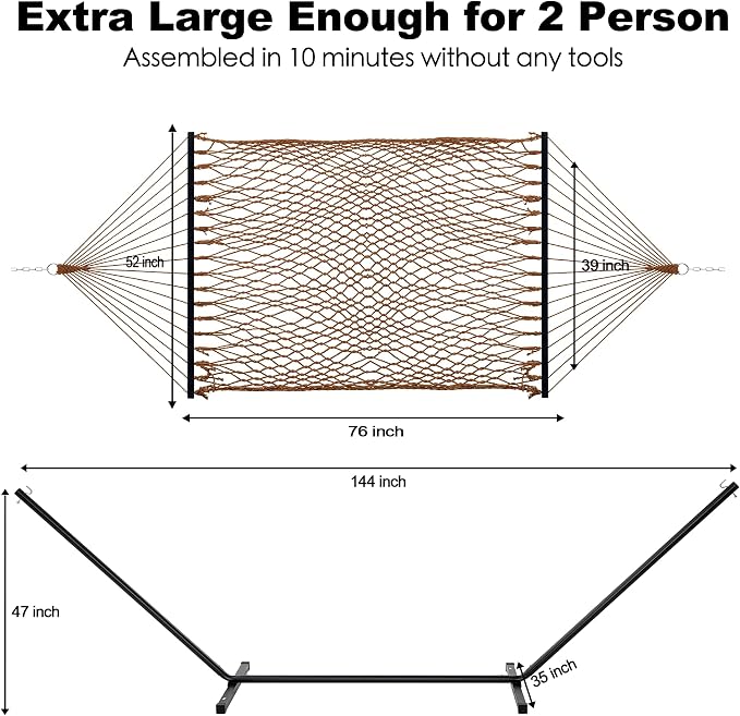 GAFETE 2 Person Hammock with Stand for Outside, 52inch Double Cotton Rope Hammock, Heavy Duty Steel Stand, Large Removable Pillow, Max 475 lbs Capacity (Coffee Brown)