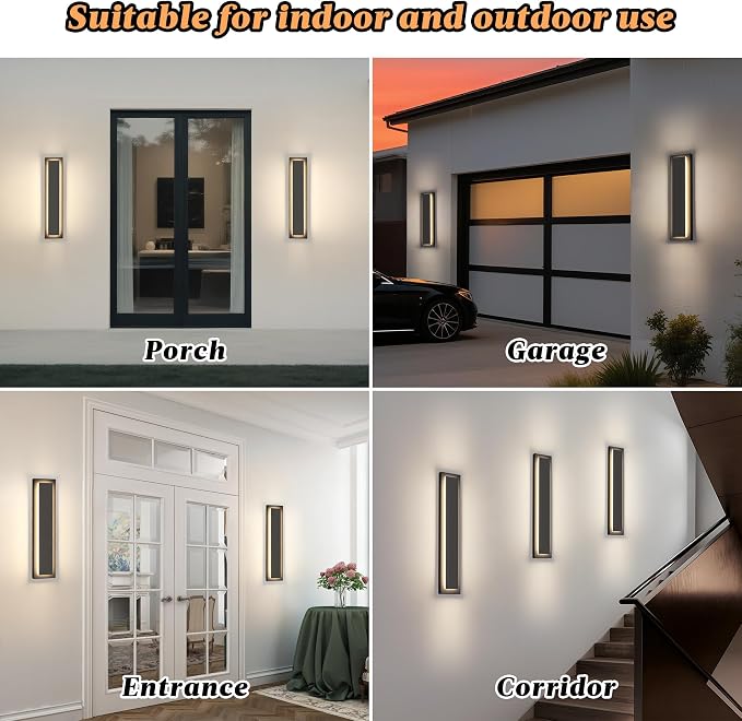 24 in Black Outdoor Wall Light,Exterior Light Porch Light, 4 Packs | Modern LED Outdoor Wall Sconce For House,Front Porch,Garage,Patio,Included LED 3000K Warm White 24W Light Bead,Waterproof