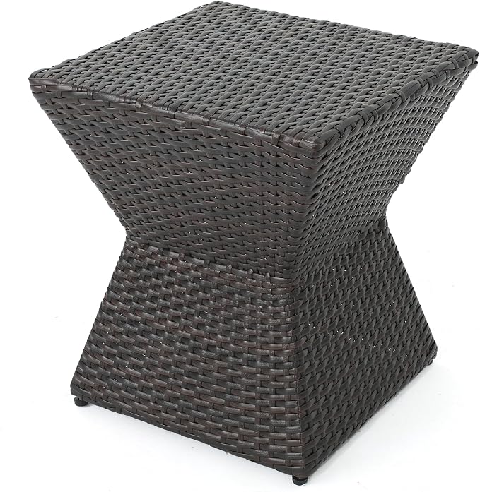 Outdoor Wicker End Table with No Assembly, 16.25" Geometric Side Table, PE Rattan Accent Table for Patio Balcony Deck, Weather Resistant, Brown