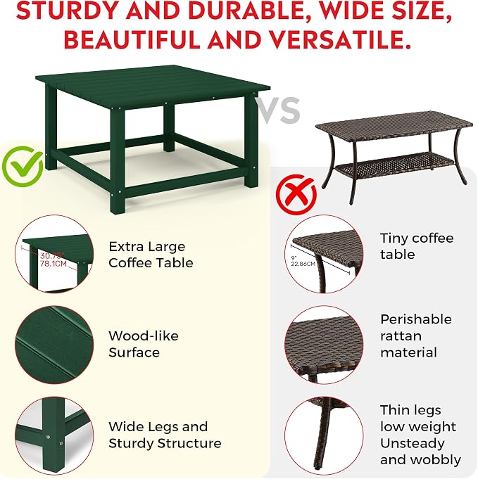 Costaelm Patio Conversation Set, 5 piece Balcony Furniture, Small Patio Firepit Furniture Outdoor Adirondack Square Coffee Table and Chair for Backyard Lawn Porch Pool Garden, Dark Green