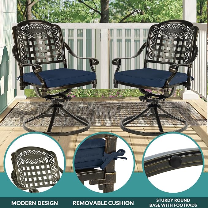 MEETWARM 9-Piece Outdoor Patio Dining Set for 8, All Weather Cast Aluminum Patio Funiture Table and Chairs Set- 94.5” Rectangle Table and 2 Swivel Rocker Chairs, 6 Stationary for Garden, Navy Blue