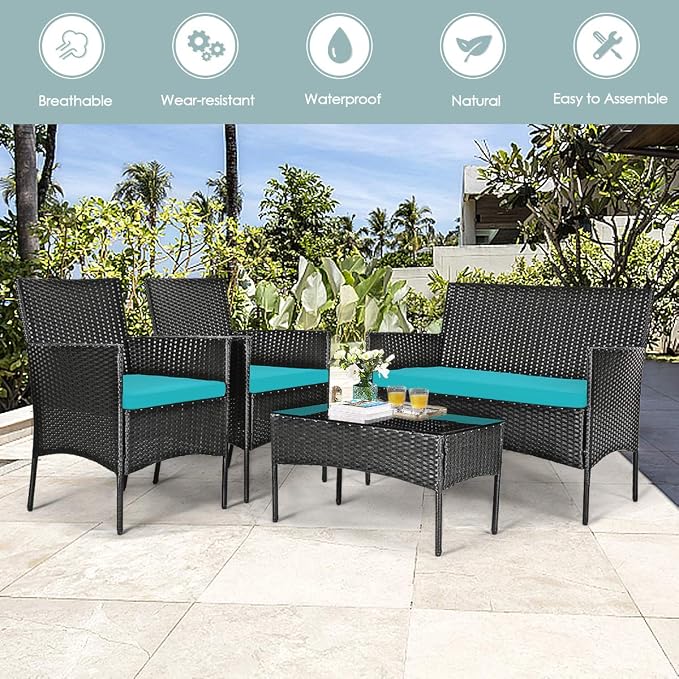 HAPPYGRILL 4 Pieces Patio Furniture Set Rattan Wicker Conversation Set with Tempered Glass Top Table, Outdoor Wicker Sofa Set with Removable Cushions for Poolside Garden Backyard